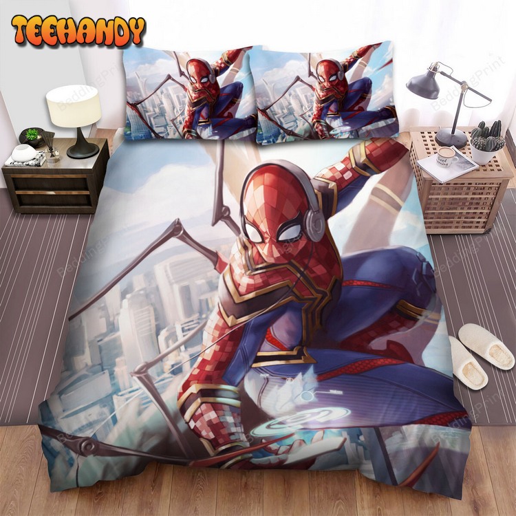 Iron Spider On Building Wall Wearing Headphone Bed Sets