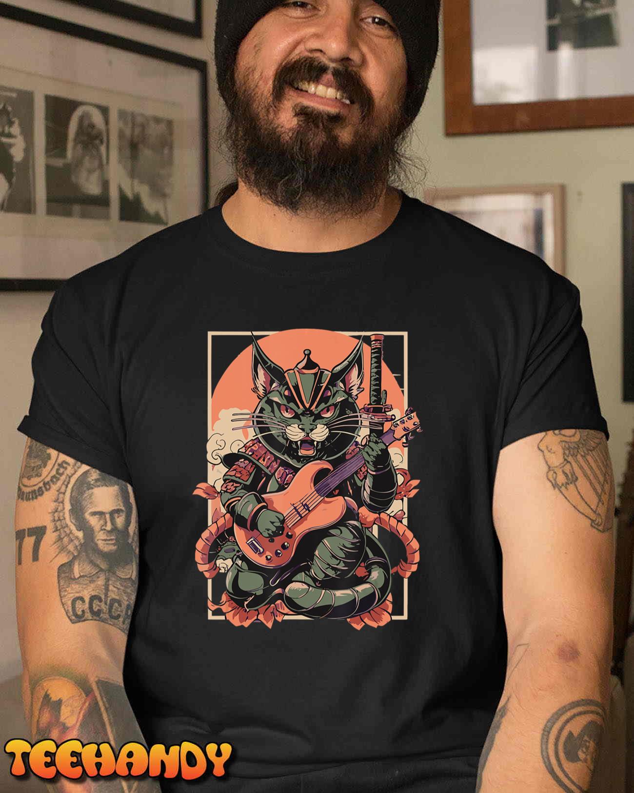 Japanese Samurai Cat Playing The Electric Guitar T-Shirt