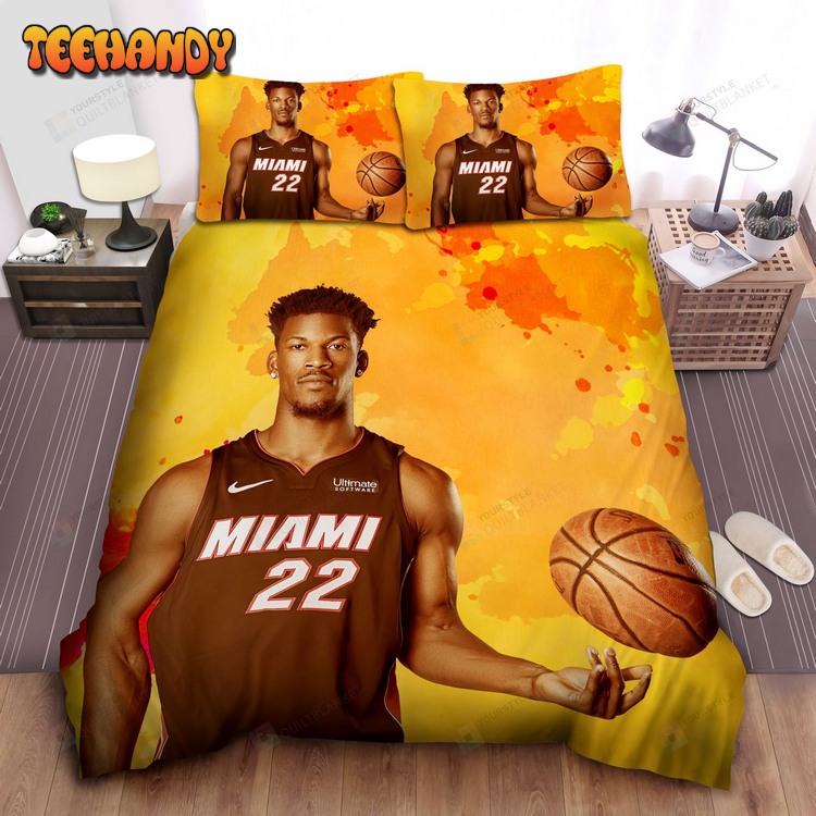 Jimmy Butler In Miami Heat Uniform On Orange Theme Bed Sets For Fan