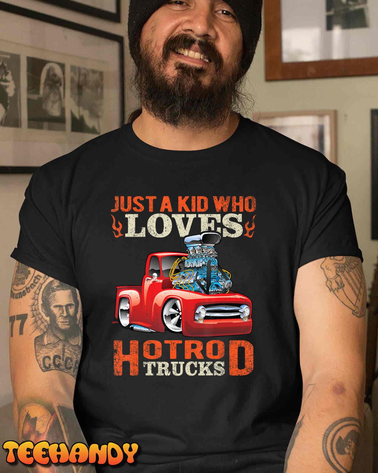 Just A Kid Who Loves Hotrod Trucks Cartoon Distressed Design T-Shirt