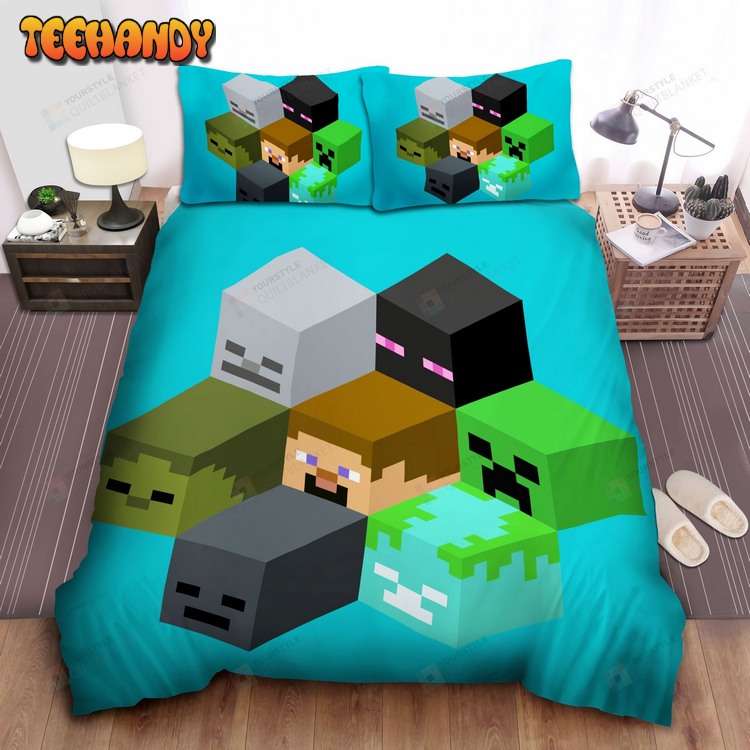 Minecraft Cubed Characters Heads Spread Comforter Duvet Cover Bedding Sets