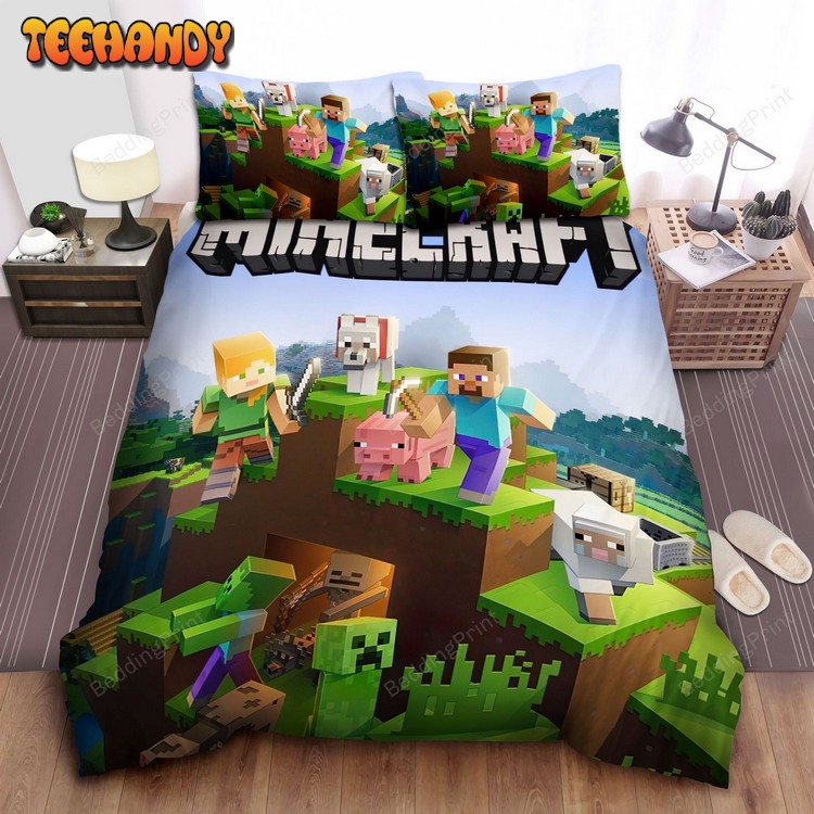 Minecraft Survivors And Animals Hiding From Green Zombies Bed Sets For Fan