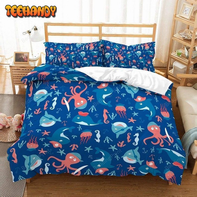 Ocean Creatures Shark Octopus Jellyfish Starfish Pattern Bed Sets For Fan