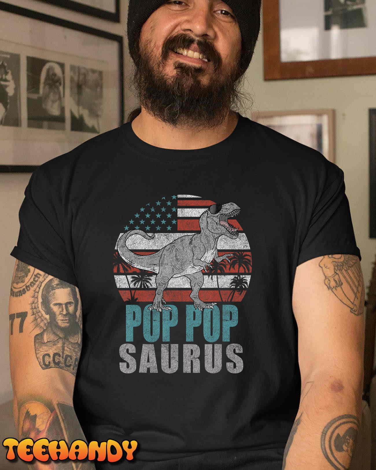 Pop Popsaurus T Rex Dinosaur Grandpa Saurus American Flag T-Shirt