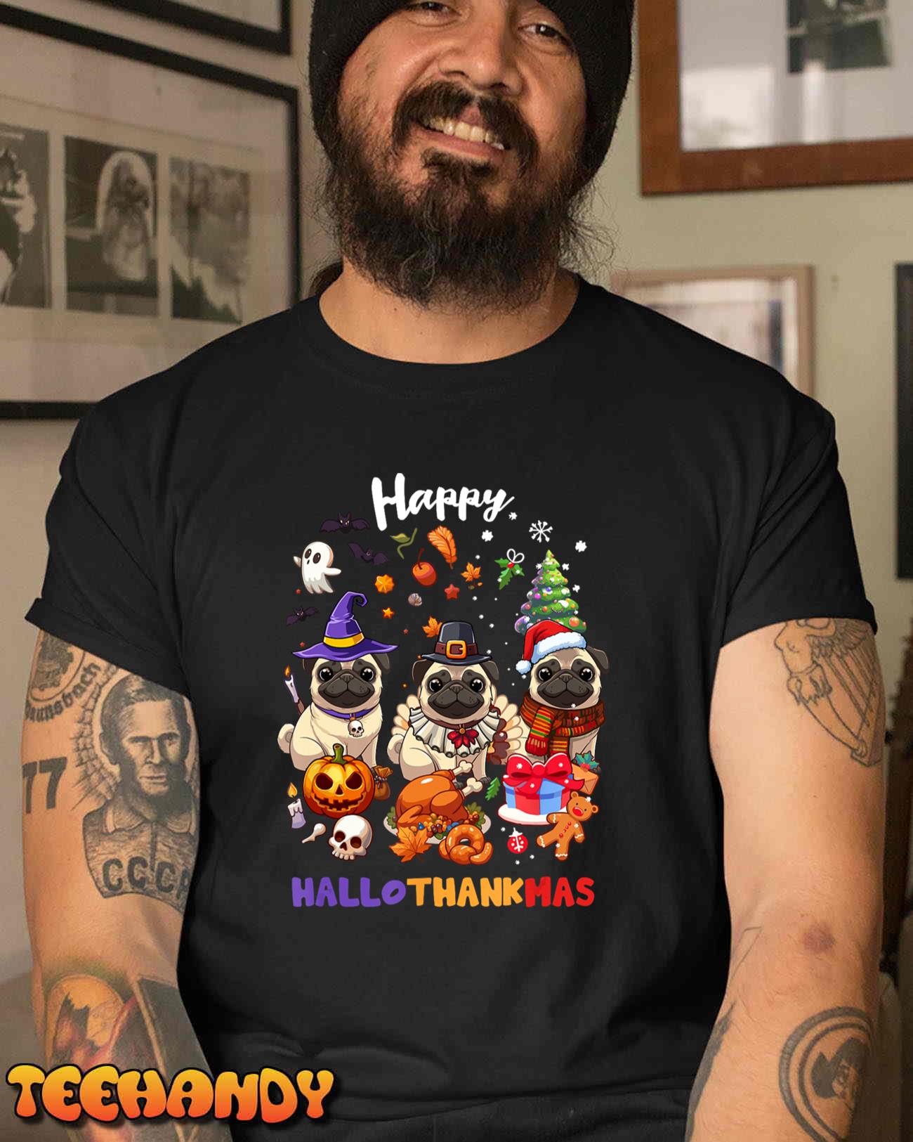 Pug Dog Christmas Happy Hallothankmas Thanksgiving Dog X-Mas T-Shirt
