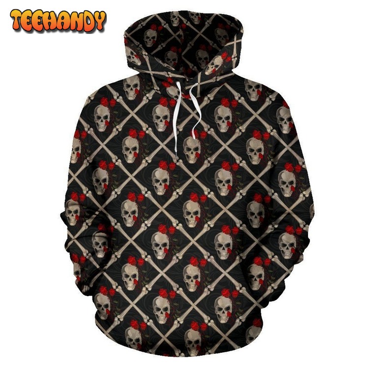 Skull Roses Bone Design Themed Print Pullover 3D Hoodie