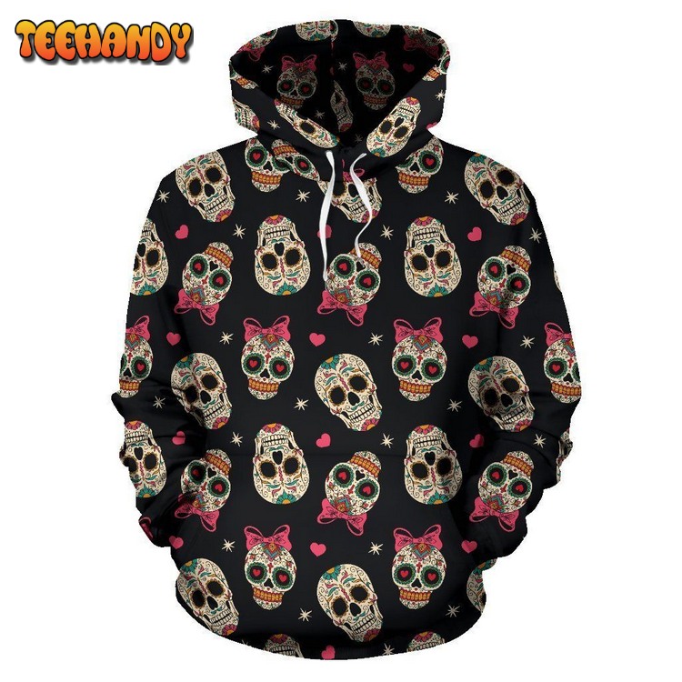 Sugar Skull Pink Bow Themed Print Pullover 3D Hoodie