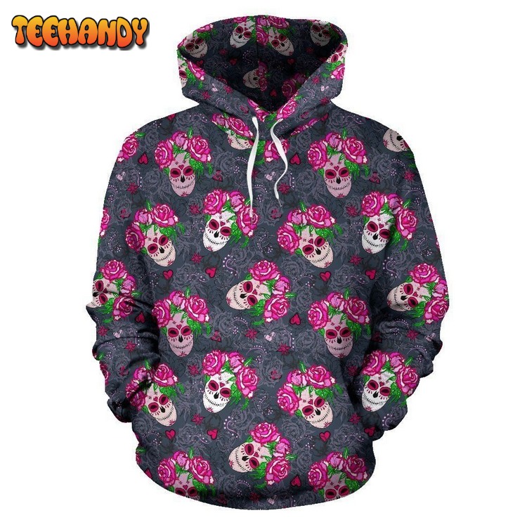 Sugar Skull Pink Rose Themed Print Pullover 3D Hoodie