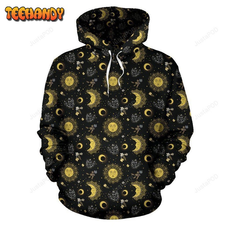 Sun Moon Golden Design Themed Print Pullover 3D Hoodie