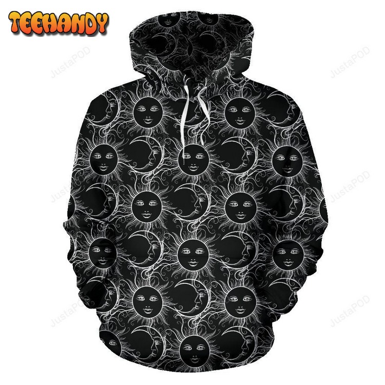 Sun Moon White Design Themed Print Pullover 3D Hoodie