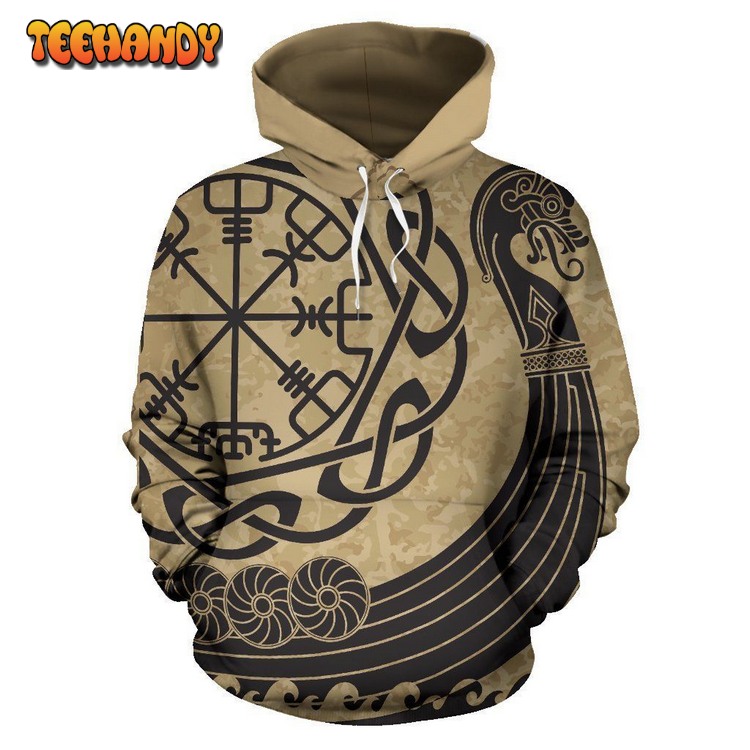 Viking Boat Drakkar Vegvisir Print All Over Graphic Pullover 3D Hoodie