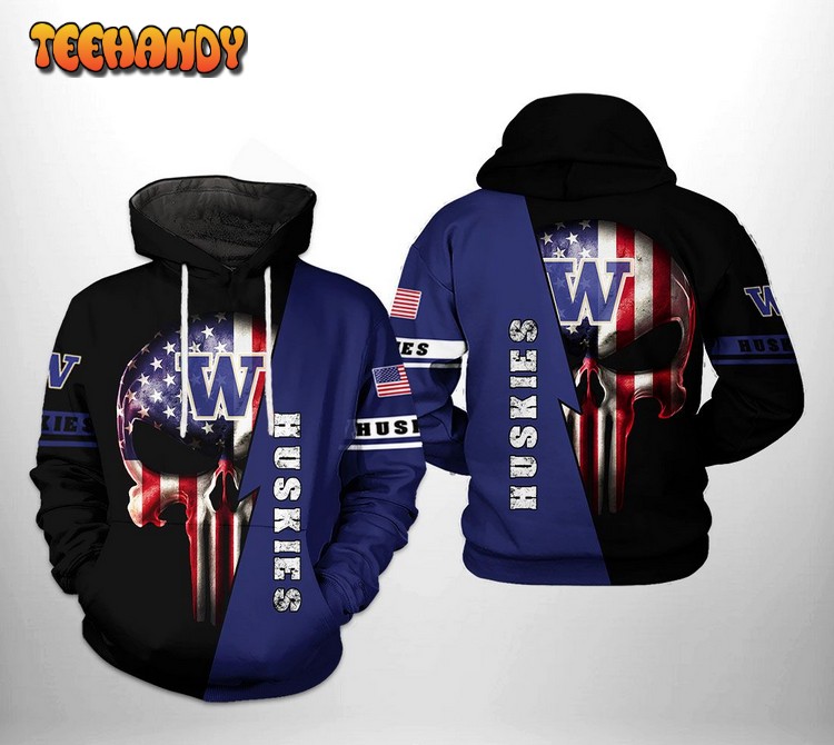 Washington Huskies NCAA US Flag Skull 3D Printed Hoodie