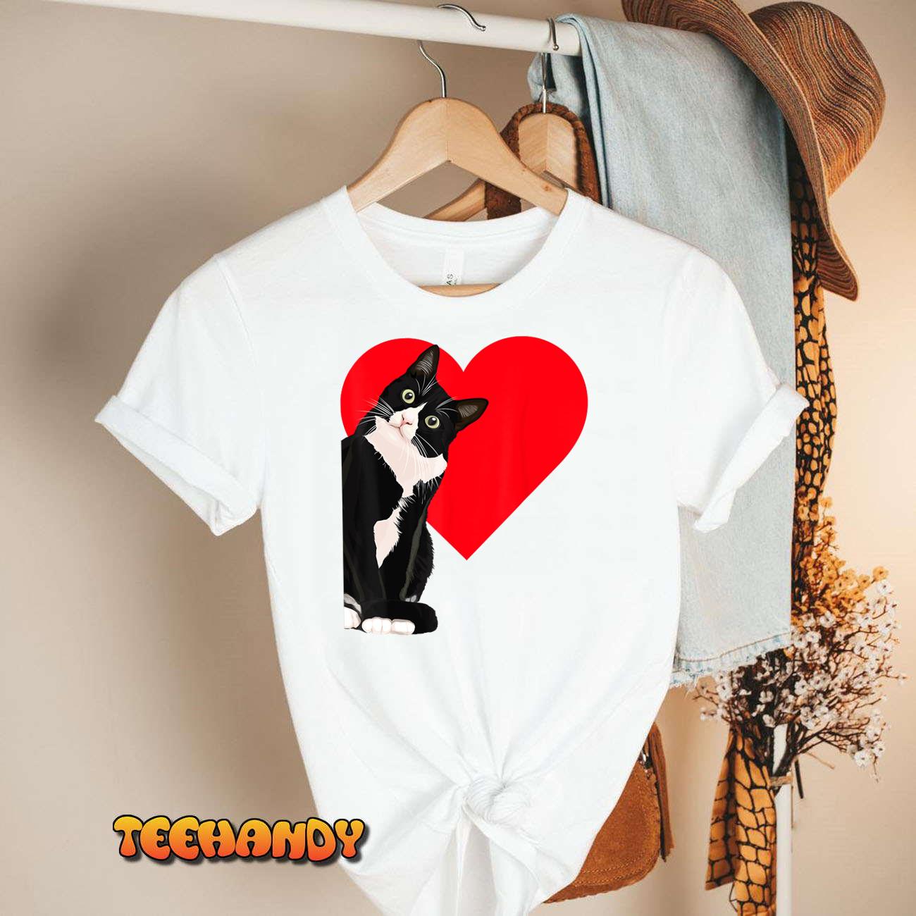 Funny Black Cat Valentine’s Day Heart Tuxedo Cat Lover T-Shirt