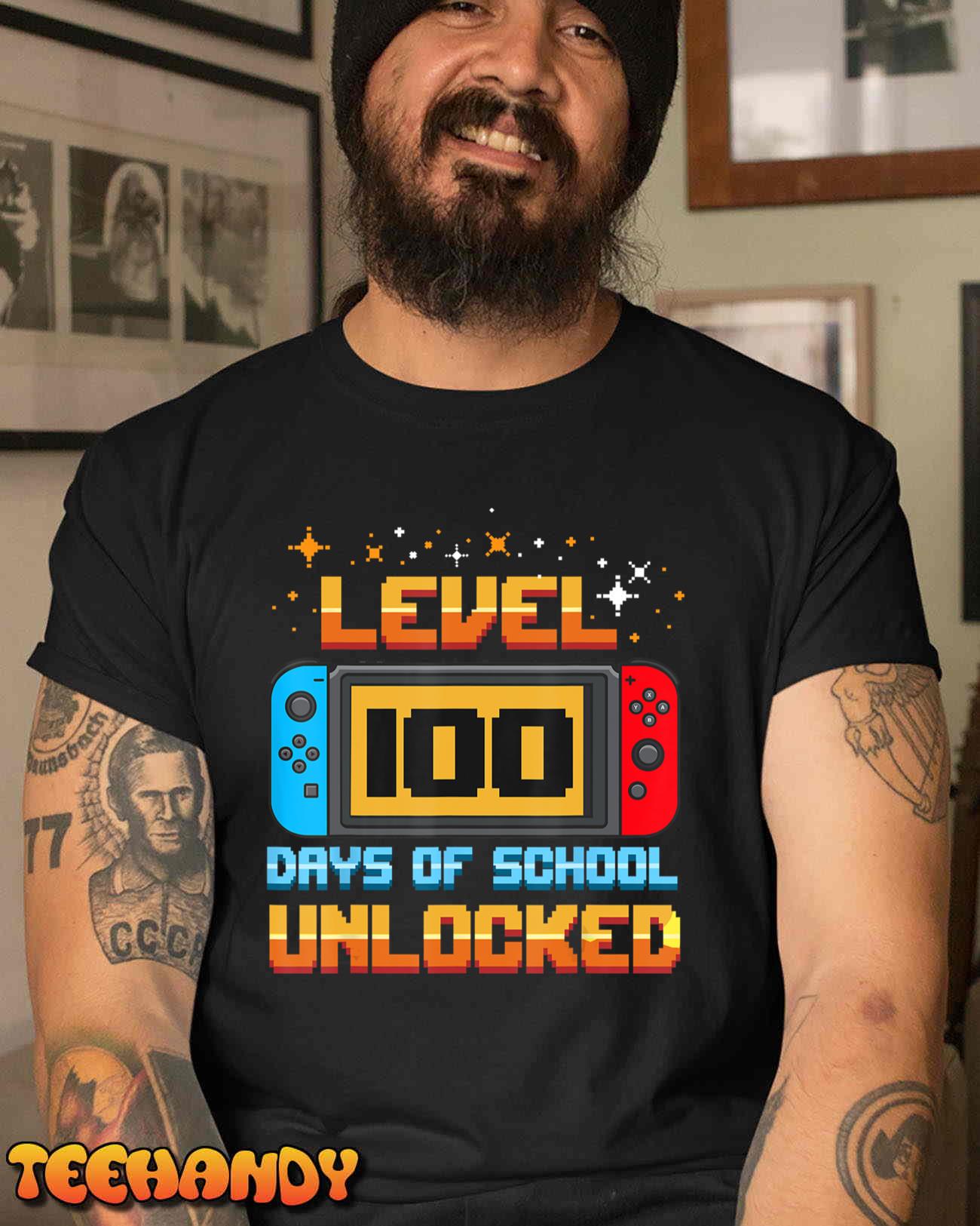 Level 100 Days Of School Unlocked Gamer Boys Funny 100th Day T-Shirt