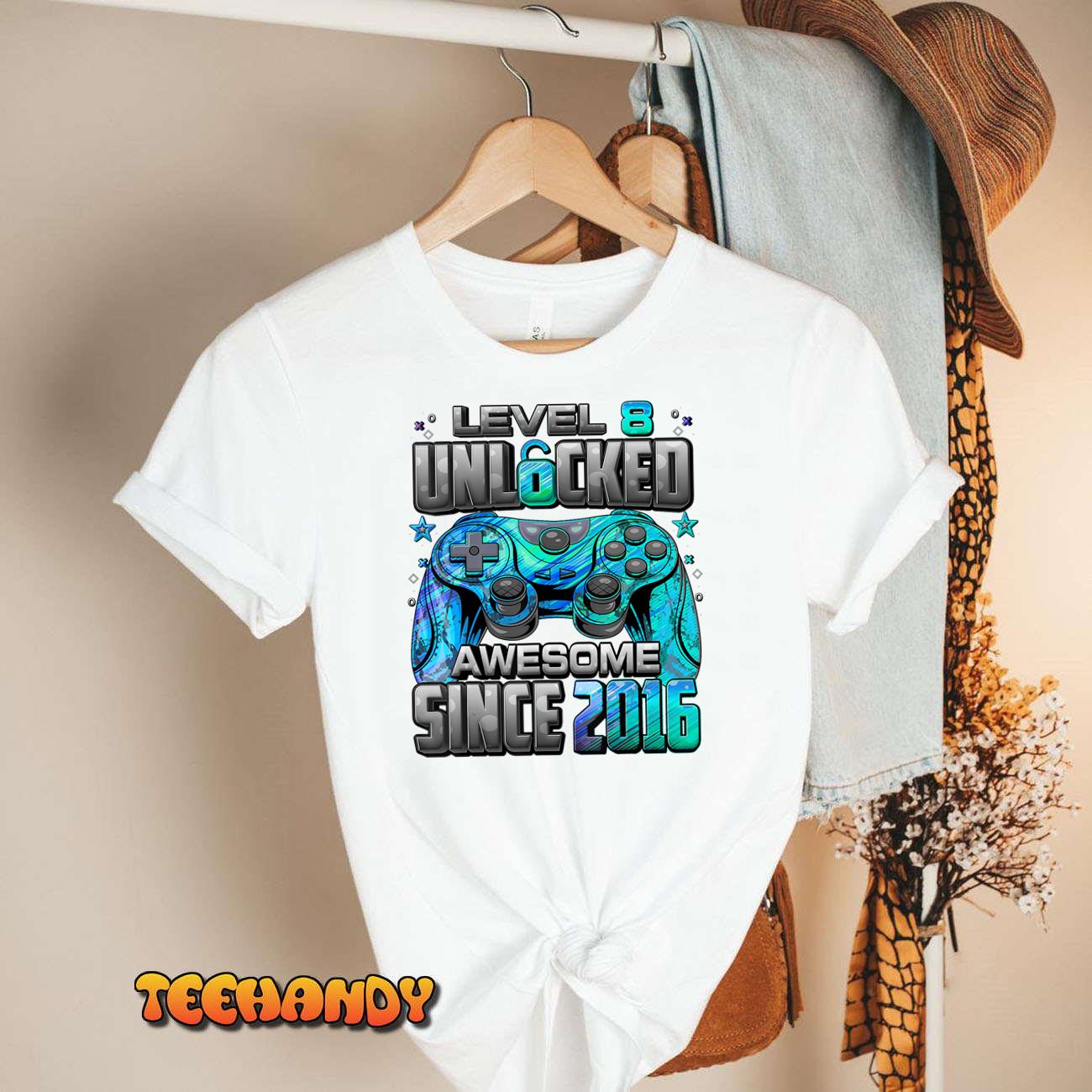 Level 8 Unlocked Awesome Since 2016 8th Birthday Gaming T-Shirt