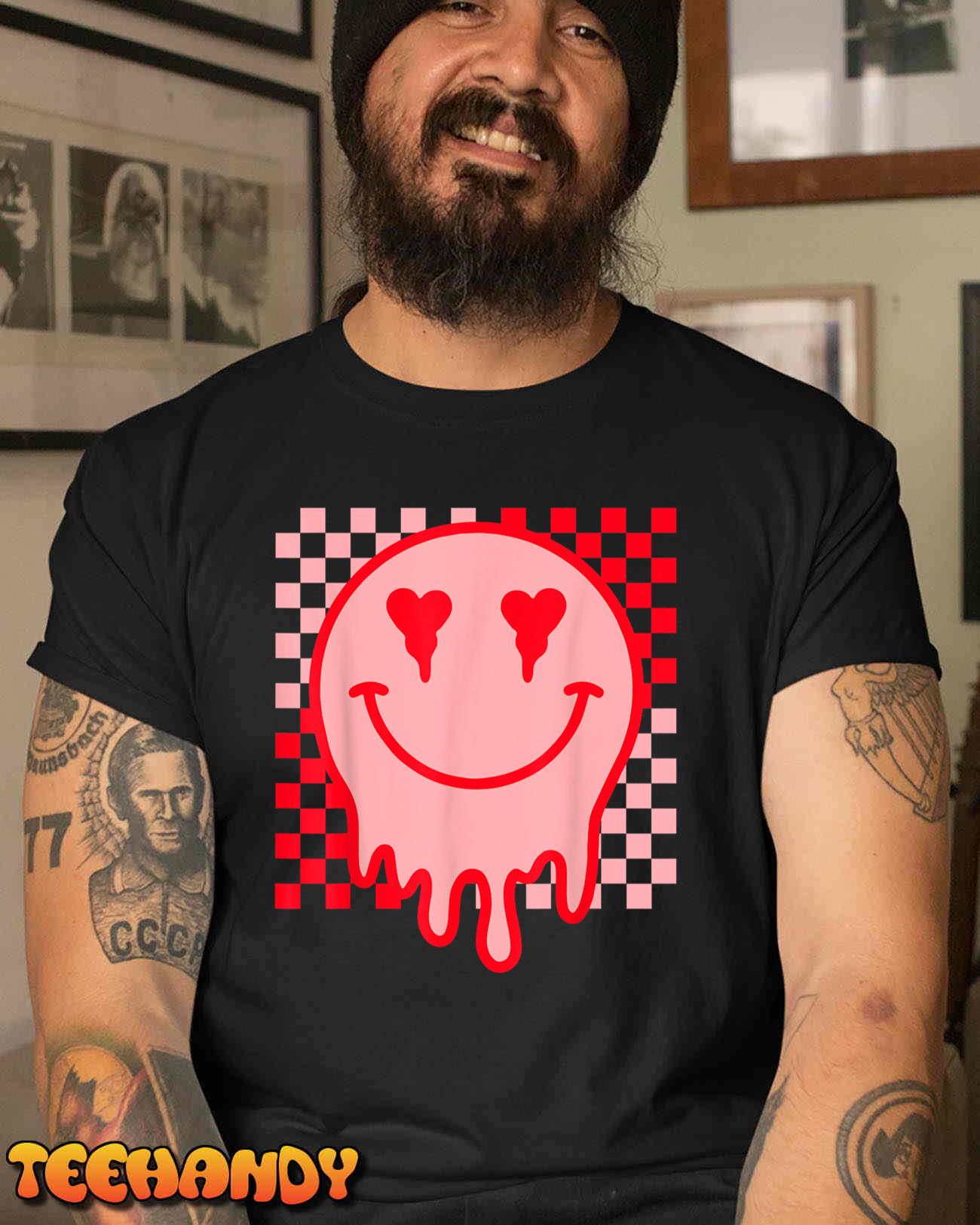 Retro Groovy Checkered Valentines Day Heart Eyes Happy Face T-Shirt