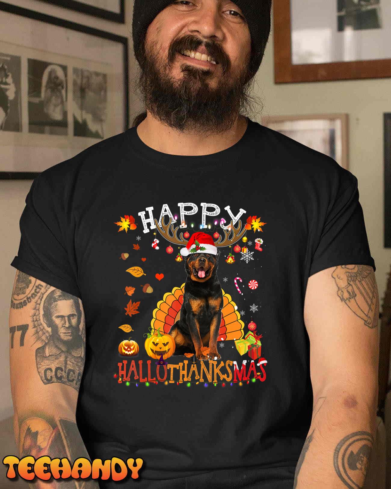 Rottweiler Happy Hallothanksmas Halloween Thanksgiving Xmas T-Shirt