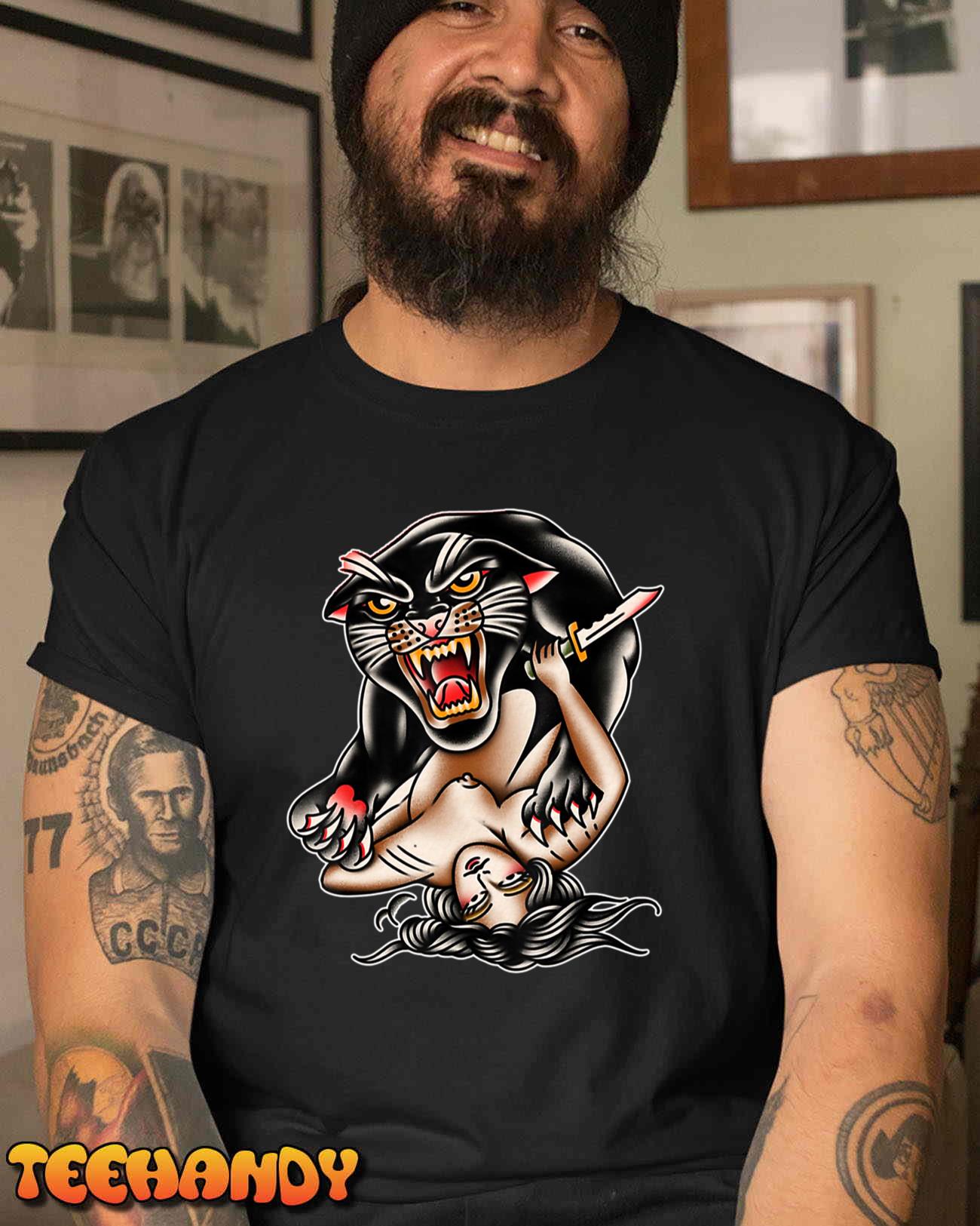 Panther x Wild Woman Knife Fight Traditional Tattoo Flash Unisex T-Shirt