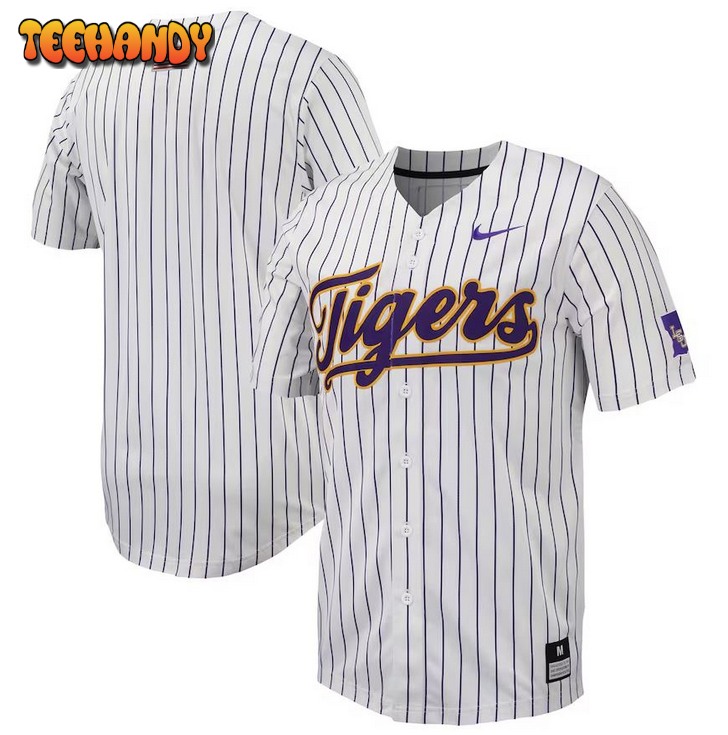 White Purple LSU Tigers Pinstripe Replica Full-Button Baseball Jersey